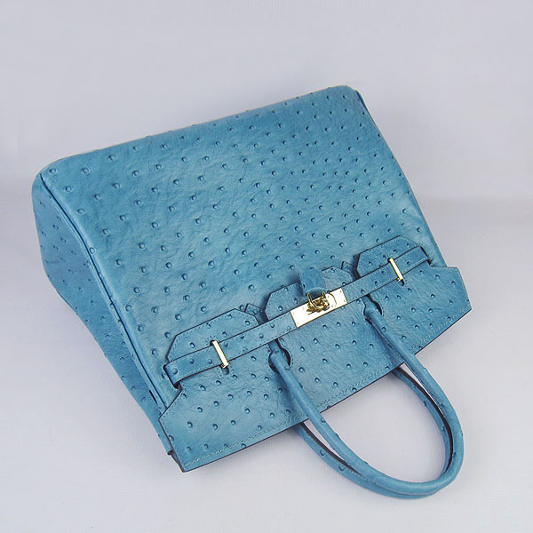 High Quality Fake Hermes Birkin 35CM Ostrich Veins Handbag Blue 6089